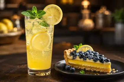 elegant sparkling citrus mocktail paired with a blueberry and lemon tart