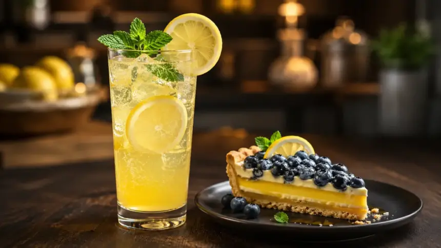 elegant sparkling citrus mocktail paired with a blueberry and lemon tart