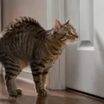 elegant tabby cat staring intensely at a closed door associated with feline stress symptoms