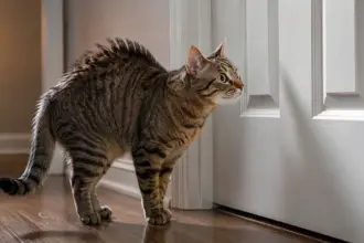 elegant tabby cat staring intensely at a closed door associated with feline stress symptoms