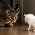 elegant tabby cat staring intensely at a new kitten associated with feline aggression pet