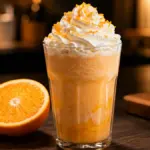 elegant tall glass of orange cream frappuccino with whipped cream on a table