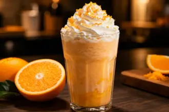 elegant tall glass of orange cream frappuccino with whipped cream on a table