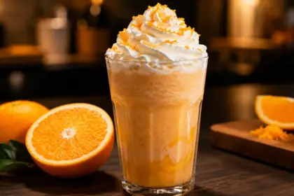 elegant tall glass of orange cream frappuccino with whipped cream on a table