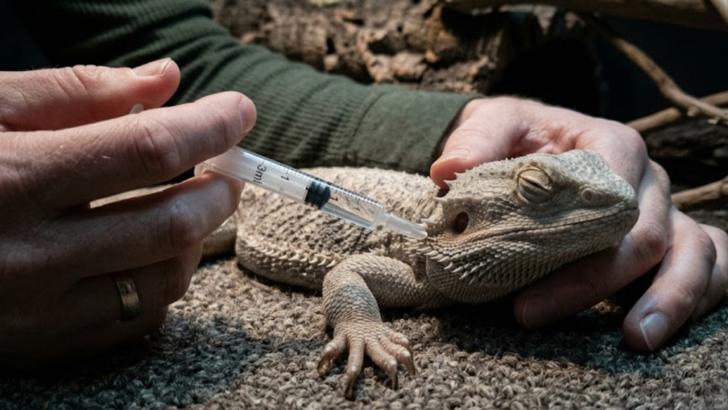 Administering oral fluids to relieve bearded dragon food poisoning symptoms
