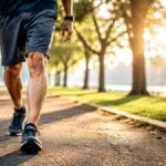 energetic fifty year old man walking briskly in a park