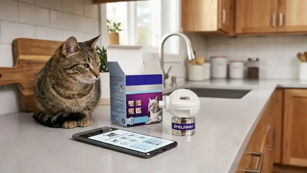 feliway-calming-diffuser-and-smartphone-displaying-feline-stress-symptoms-guide