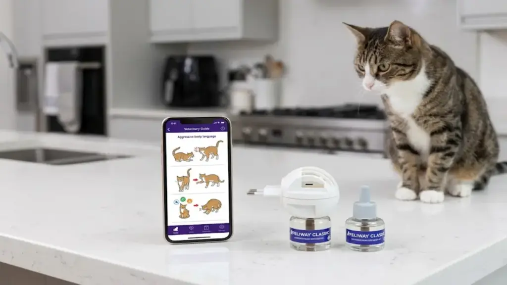 feliway-diffuser-placed-next-to-a-smartphone-showing-feline-aggression-care-guides-pet