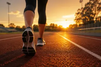 female athlete walking briskly on an outdoor track