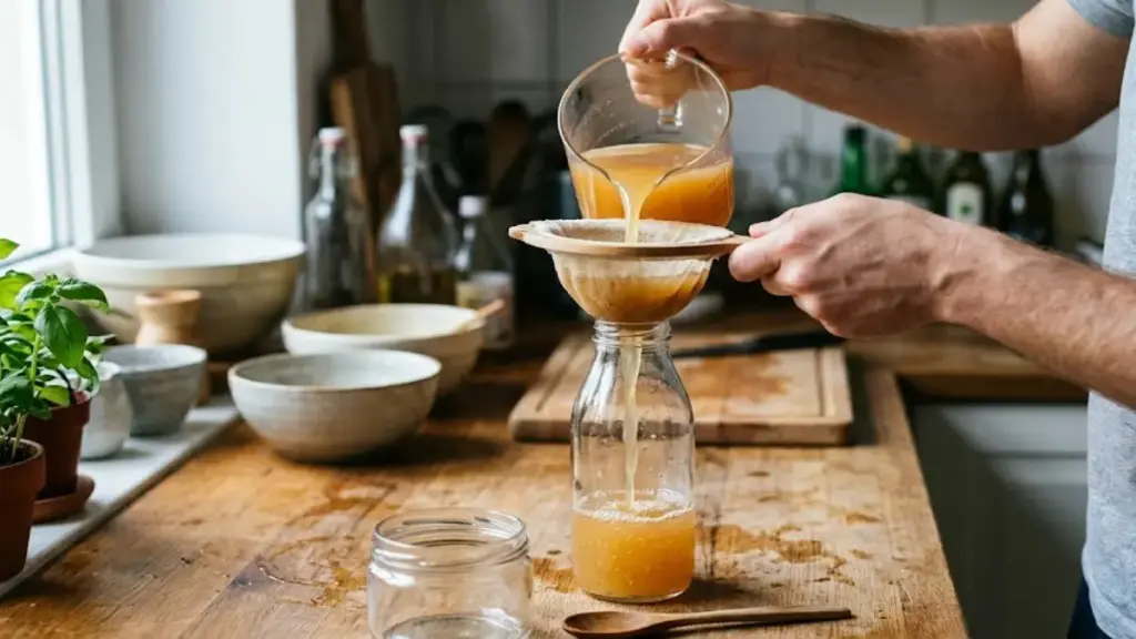 filtering-cloudy-fermented-liquid-using-fine-cloth-to-separate-pure-organic-apple-vinegar