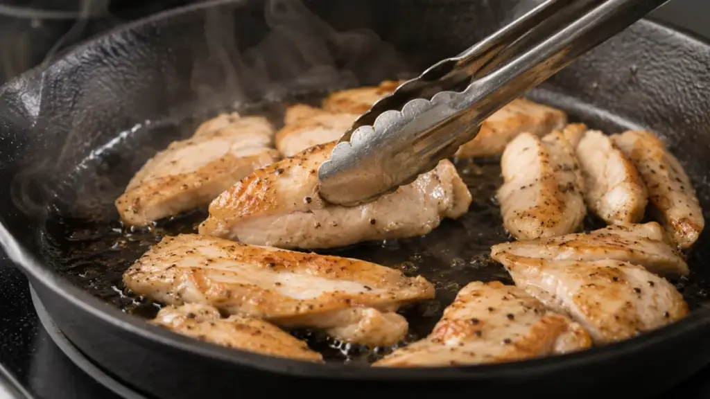 flipping-sliced-chicken-pieces-in-a-sizzling-pan-for-easy-prepared-meals