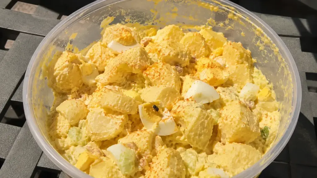 fly-landing-on-warm-potato-salad-bowl-dangerous-food-for-cookout