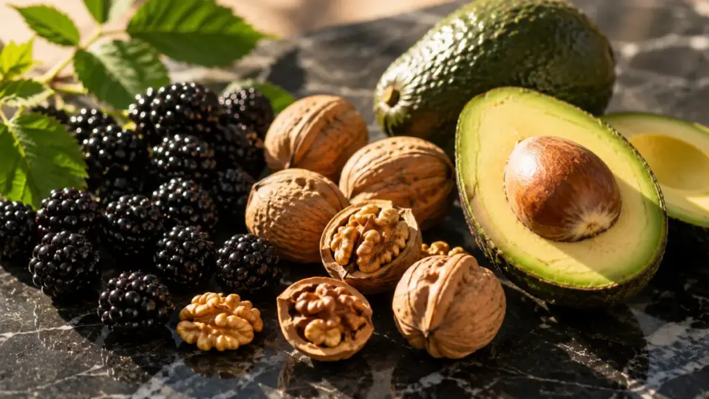 fresh-blackberries-raw-walnuts-and-avocado-halves-on-marble
