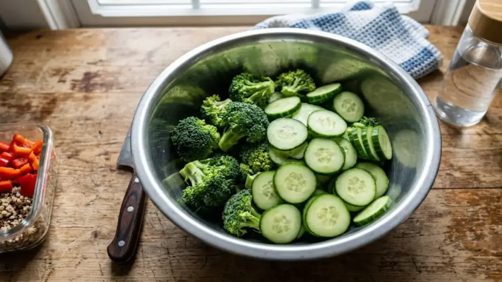 fresh-broccoli-and-sliced-cucumbers-in-a-metal-bowl