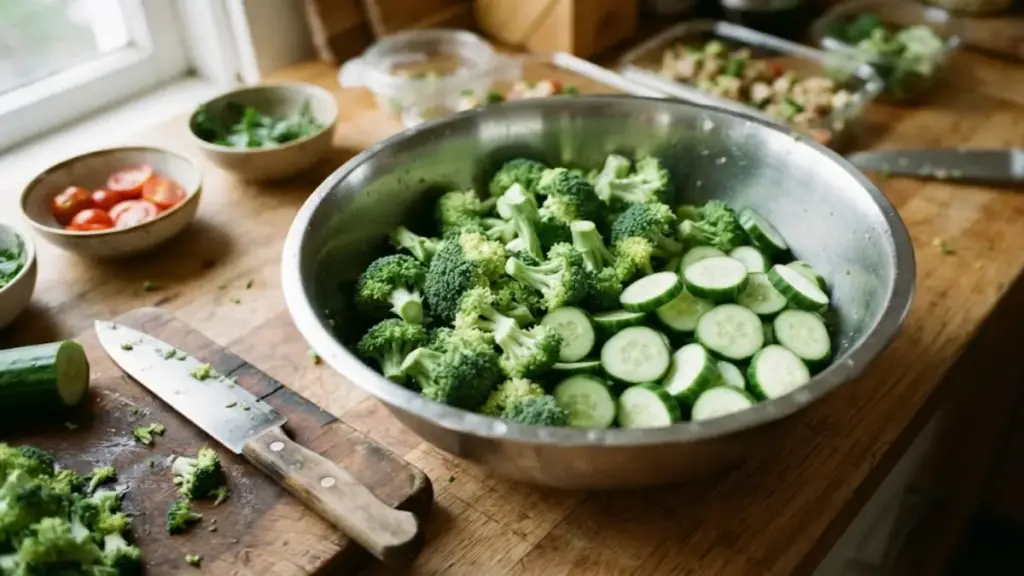 fresh-broccoli-and-sliced-cucumbers-in-a-metal-bowl-thecouch