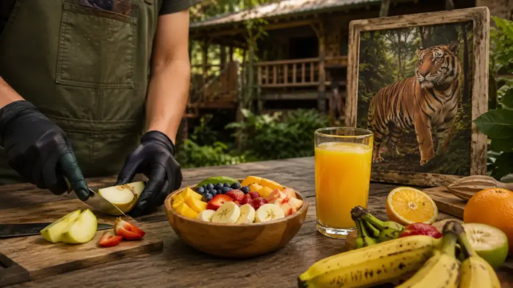 fresh-fruit-bowl-and-juice-arranged-neatly-next-to-a-guidebook