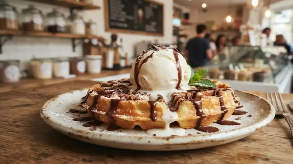 fresh-golden-waffle-topped-with-a-melting-scoop-of-vanilla-cream-on-a-plate