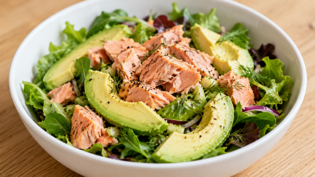 fresh-green-salad-topped-with-flaky-pink-salmon-chicken-recipe-easy-quick