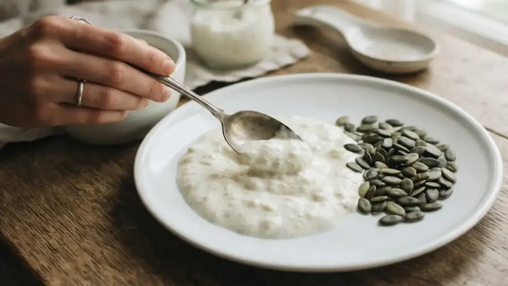 fresh-unpasteurized-kefir-and-pumpkin-seeds-on-a-clean-white-plate-adf