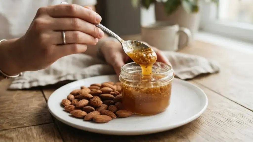 fresh-unrefined-honey-and-raw-almonds-on-a-clean-white-plate
