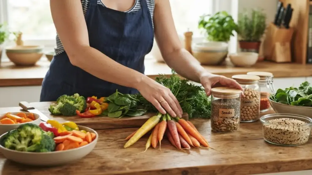 female-expectant-mother-meal-prepping-organic-food-routine
