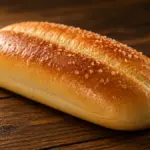 freshly baked golden potato bun on a dark wooden table