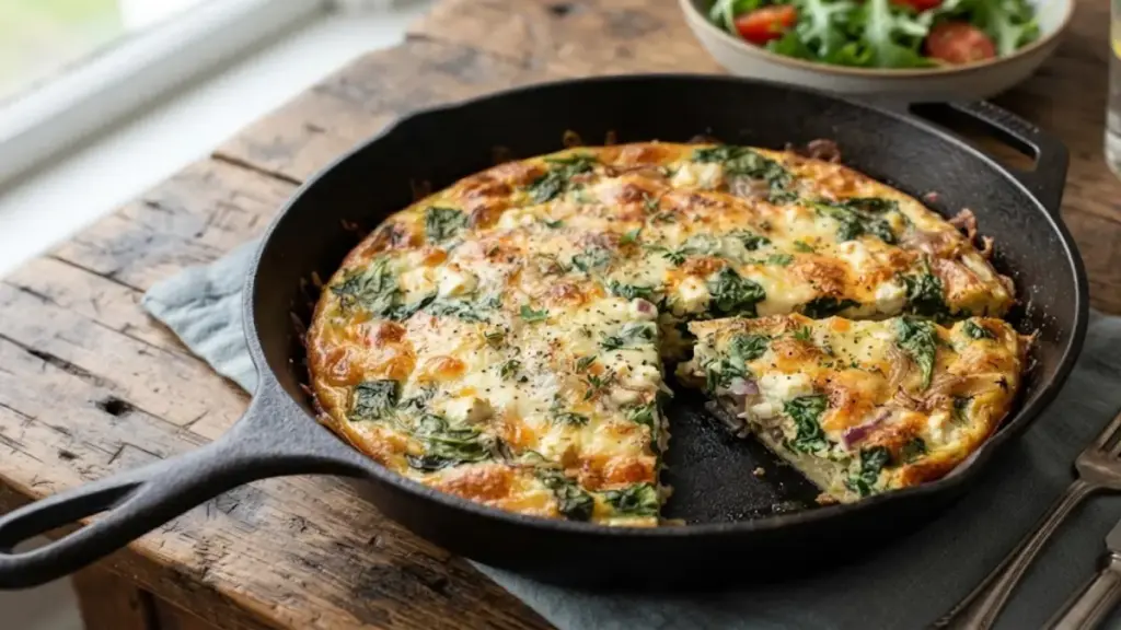 freshly-baked-spinach-and-cheese-frittata-in-a-cast-iron-skillet