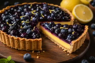freshly set no bake citrus pastry slices representing a perfect blueberry lemon tart