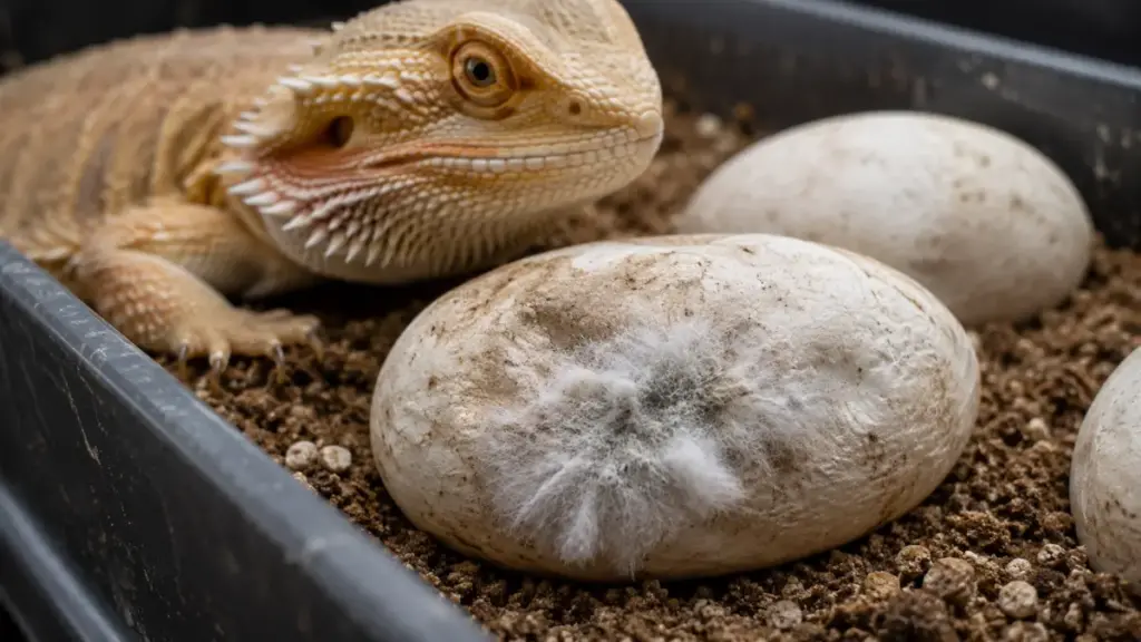 fuzzy-white-reptile-egg-mold-spreading-across-a-collapsed-shell-in-a-dragon-lay-eggs-box