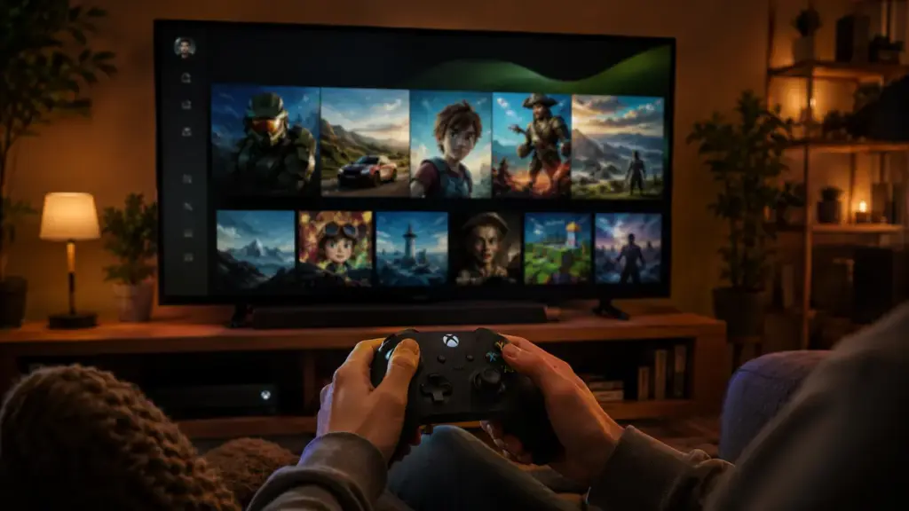 gamer-holding-controller-browsing-console-dashboard-menu-for-xbox-game-pass-essential
