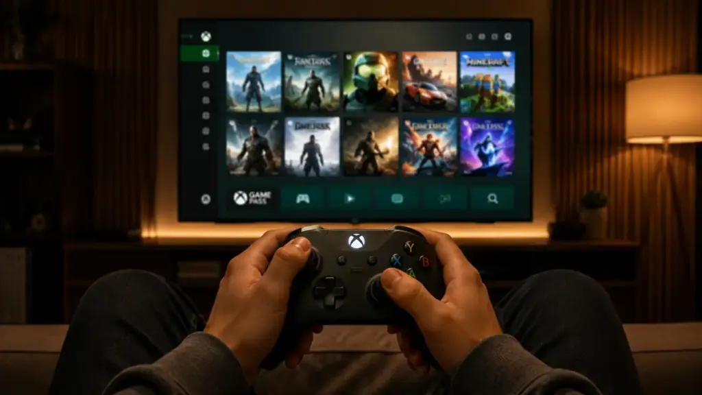 gamer-holding-controller-viewing-console-dashboard-for-xbox-game-pass
