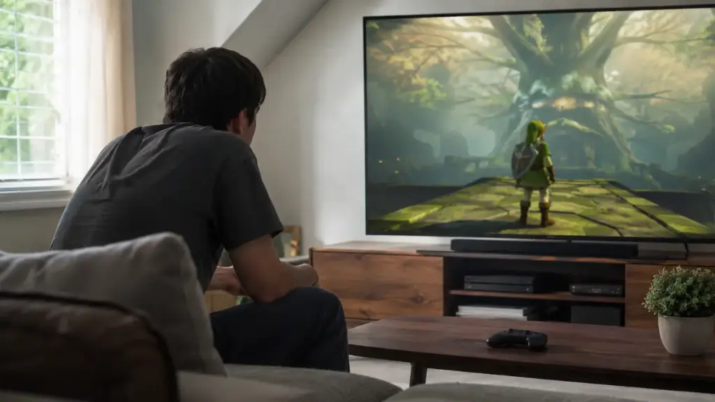 gamer-leaning-forward-watching-dramatic-cutscene-for-ocarina-of-time-remake
