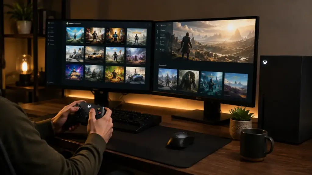 gamer-reviewing-digital-store-pages-on-dual-monitors-for-xbox-game-pass-essential
