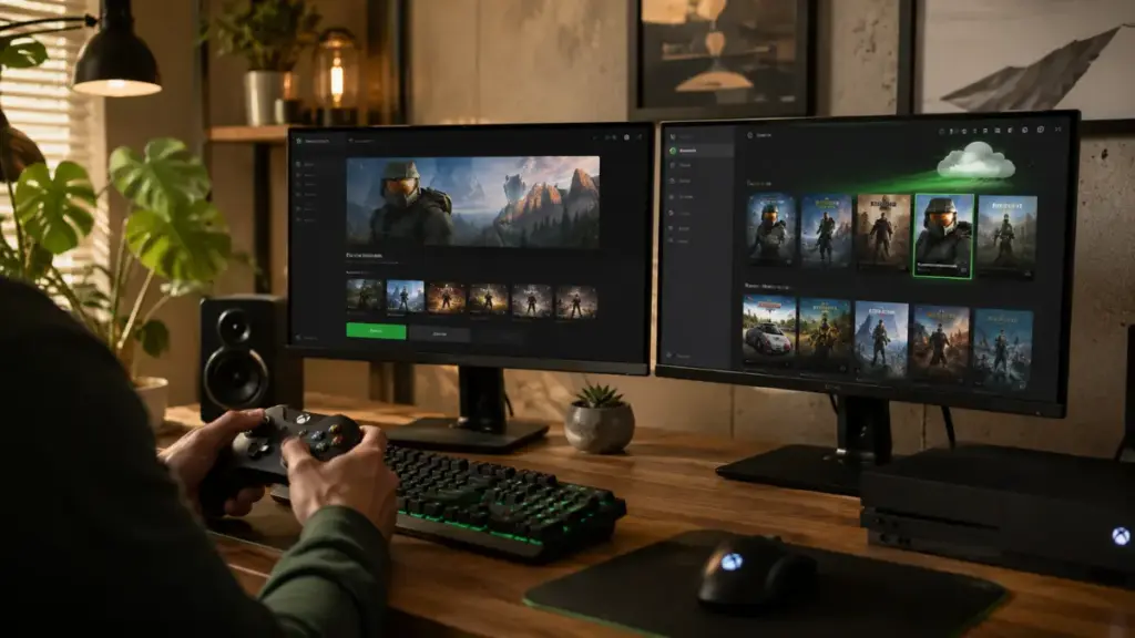 gamer-reviewing-digital-storefront-on-dual-monitors-for-xbox-game-pass
