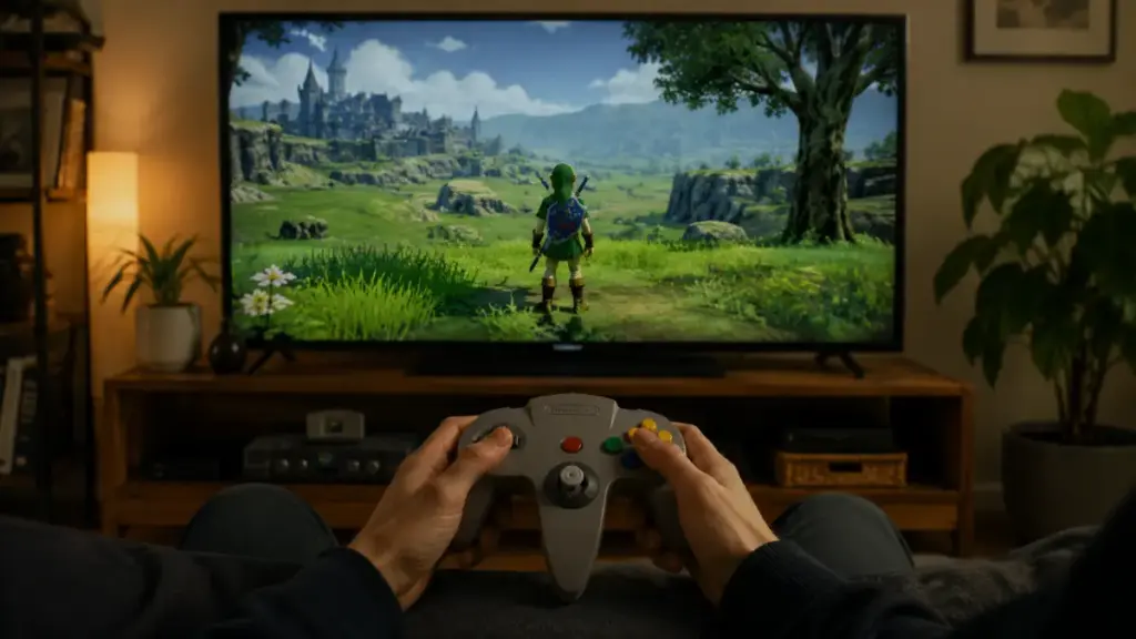 gamer-watching-fantasy-hyrule-field-on-television-screen-for-ocarina-of-time-remake
