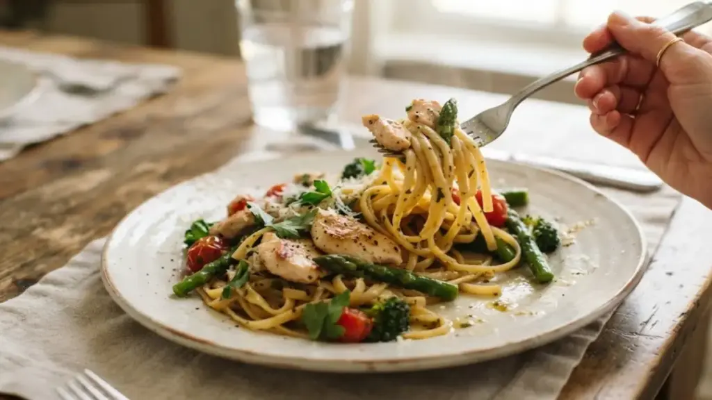 garlic-chicken-pasta-mixed-with-cooked-green-vegetables