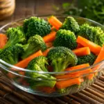 glass bowl of fresh broccoli and carrots on a bamboo mat