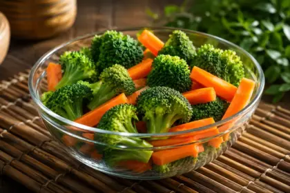 glass bowl of fresh broccoli and carrots on a bamboo mat