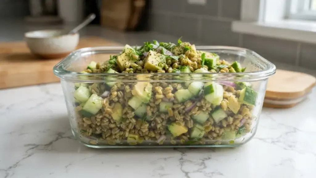 glass-container-of-cooked-freekeh-salad-with-avocados-and-cucumbers