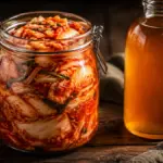 glass jar of cabbage kimchi and a bottle of kombucha on a table dkf