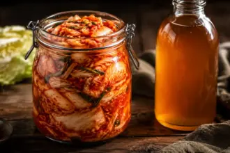 glass jar of cabbage kimchi and a bottle of kombucha on a table dkf