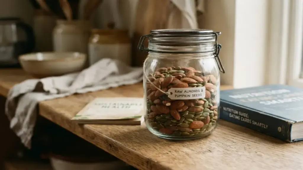 glass-jar-of-raw-almonds-and-seeds-on-a-shelf