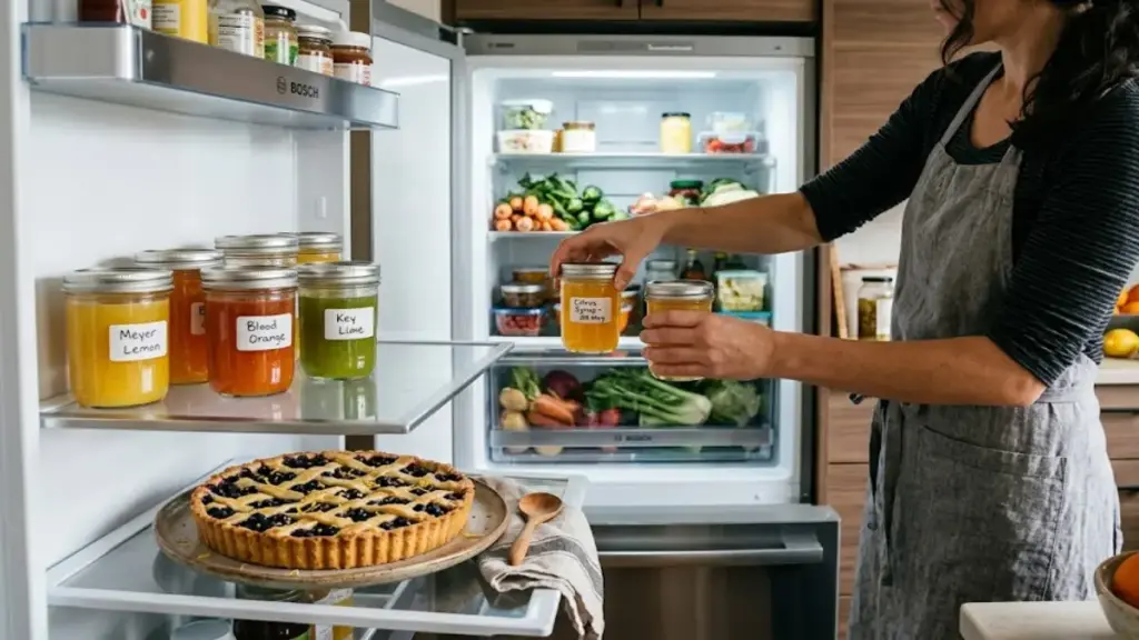 glass-jars-of-yellow-citrus-syrup-on-a-refrigerator-shelf