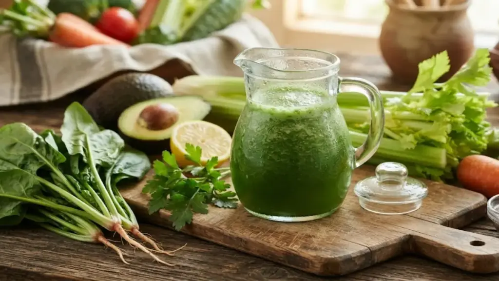 glass-pitcher-of-fresh-green-vegetable-juice-on-a-wooden-board