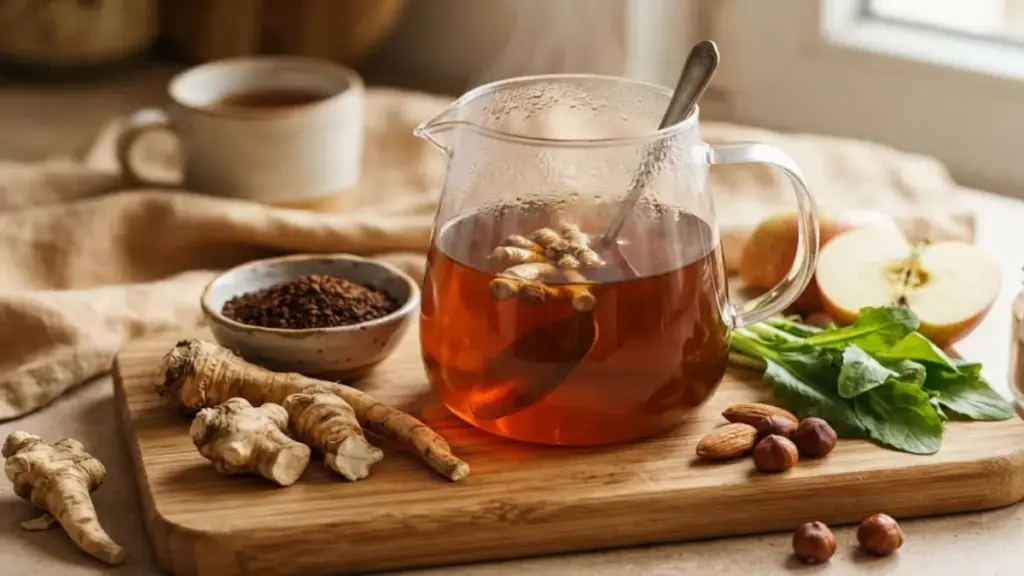glass-pitcher-of-warm-chicory-root-tea-on-a-bamboo-board