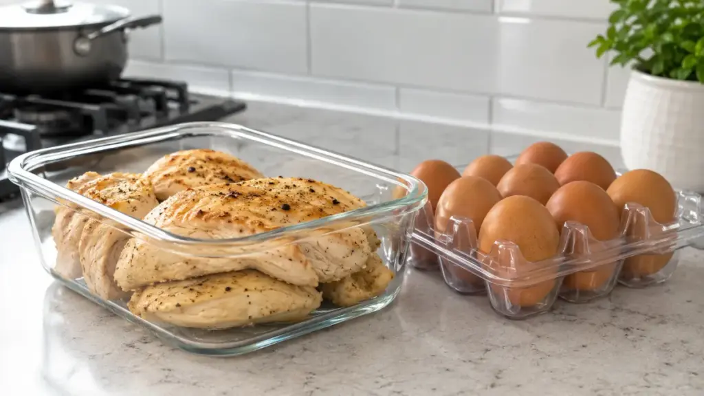 glass-storage-container-arranged-with-fresh-poultry-to-evaluate-cooked-chicken-in-fridge