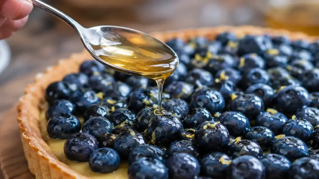 glazing-fresh-berries-with-warm-honey-for-a-blueberry-lemon-tart