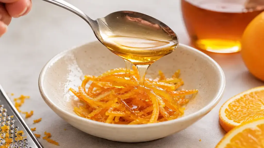 glazing-fresh-orange-zest-with-warm-honey-for-an-orange-cream-beverage