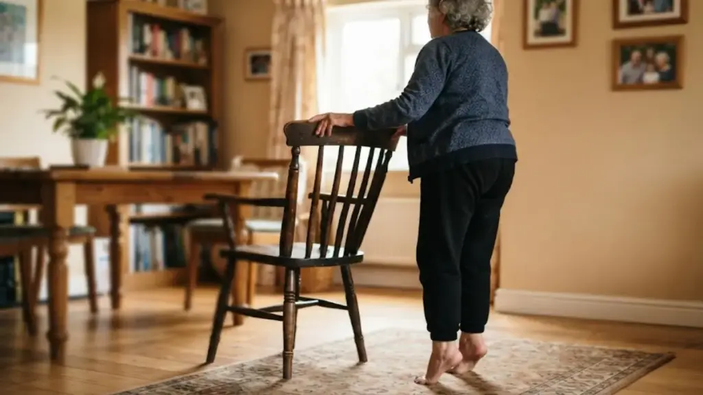 grandmother-rising-on-tiptoes-behind-dining-chair-weekly-exercise