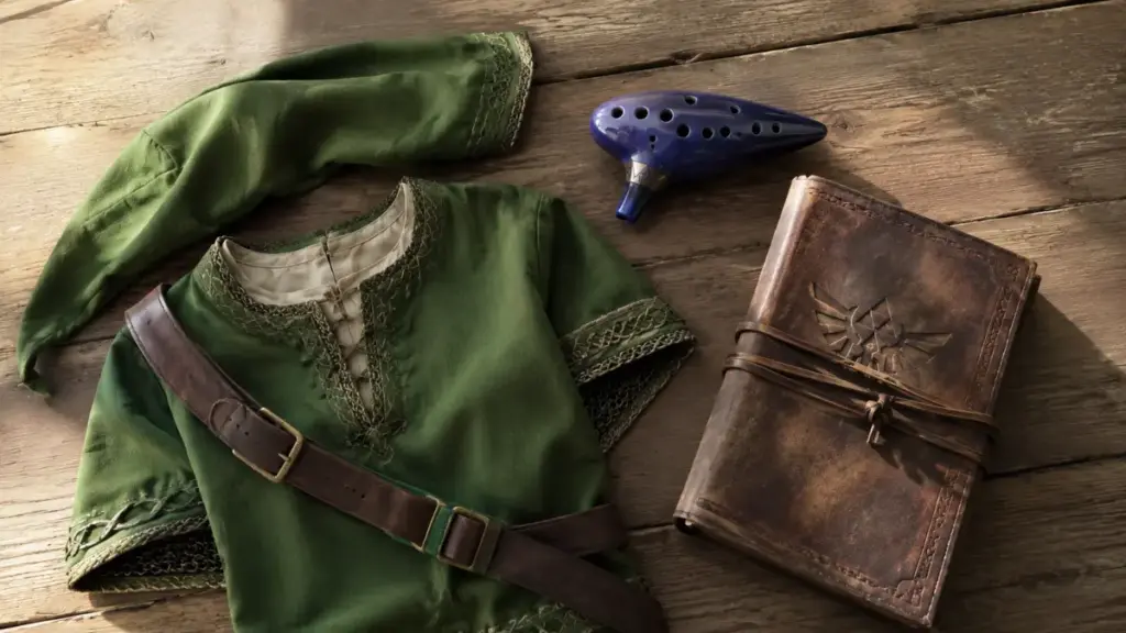 green-tunic-and-ocarina-flatlay-on-wooden-table-for-ocarina-of-time-remake
